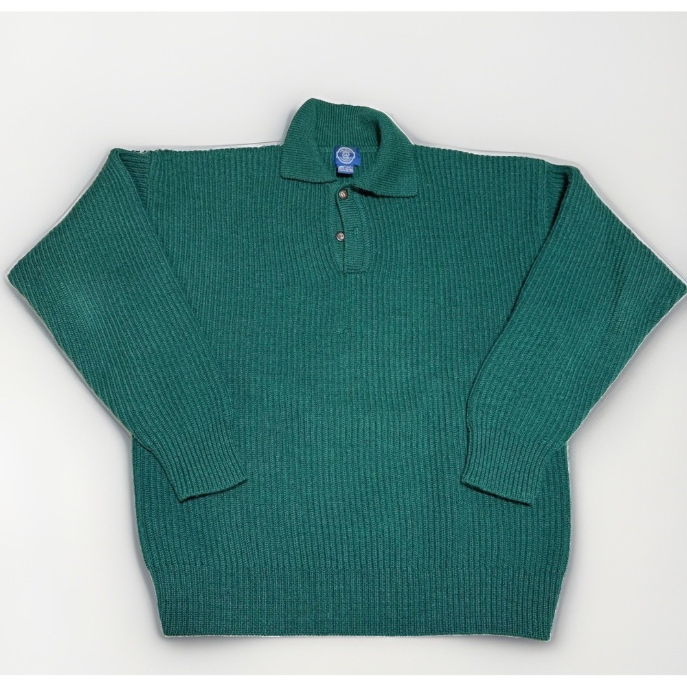 Gap Wool Sweater XL Vintage Blue Label Ribbed Polo Knit Forest Green Mens